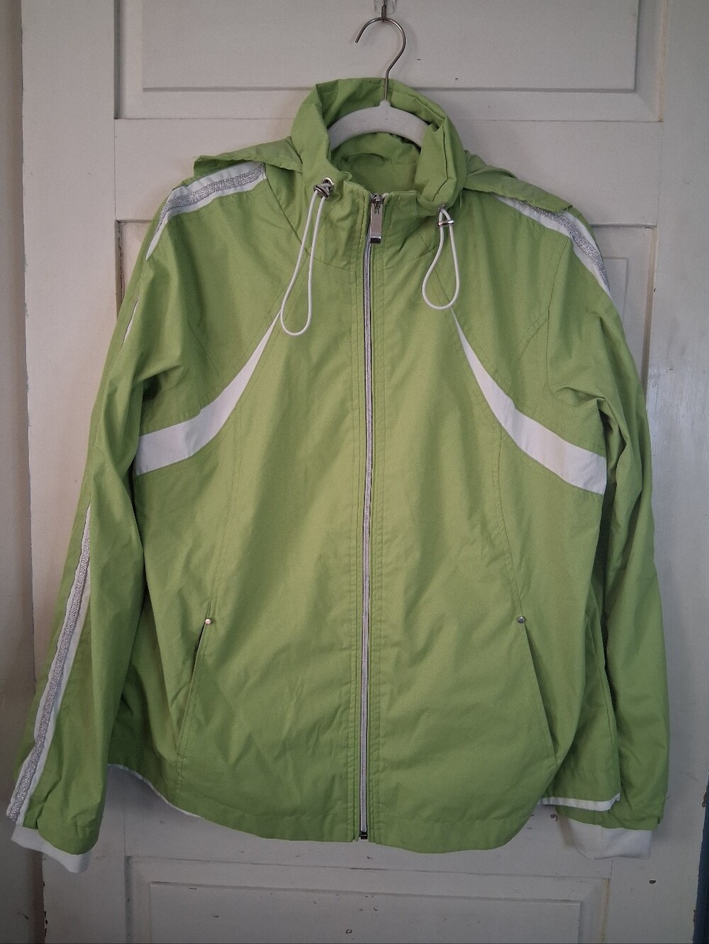 Hawke & Co Lime Green and White Hooded Windbreaker Activewear Jacket Womens Sz L